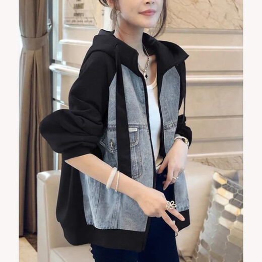 AEMAPE2025 Spring and Autumn New Black Hooded Splicing Baseball Jacket Women's Small Fashion Casual Denim Jacket Picture Color XL -115-125Jin Jin is equal to 0.5 kg
