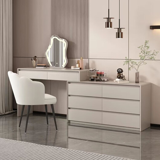 Solid wood dressing table, simple and modern cream style dressing table, bedroom storage cabinet, bedside drawer and integrated desk, milk coffee white, petal chair + cloud mirror, 40 width, door-to-door delivery and installation included