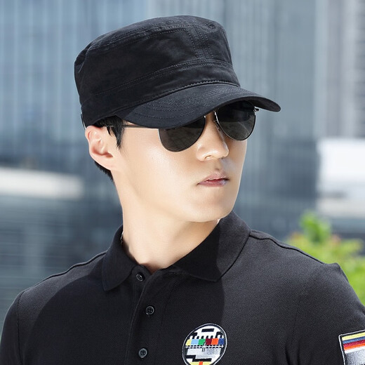 Goshnier military hat men's spring and autumn hat men's peaked cap flat cap big head circumference autumn and winter casual hat versatile sun protection hat black adjustable L large size 60cm
