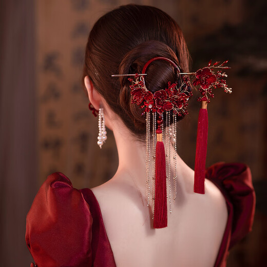 Meng Junchen New Chinese Style Hair Accessories Set Red Flower Updo Tassel Hairpin Ancient Style Xiuhe Wedding Bridal Hairpin Headdress SX57C Set