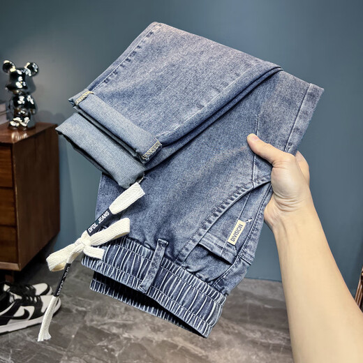 
2025 spring and summer thin elastic waistless jeans men's lace-up simple loose large size casual elastic harem pants light blue 2385 thin model 33 (recommended 145-155Jin [Jin equals 0.5 kg])