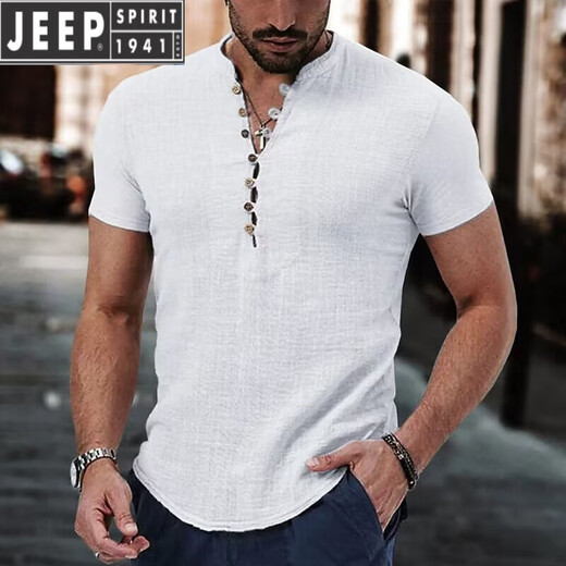 JEEP SPIRIT2025夏季男士短袖简约V领休闲亚麻t恤男潮流宽松透气棉麻打底衫潮 杏色 XL 尺码偏大