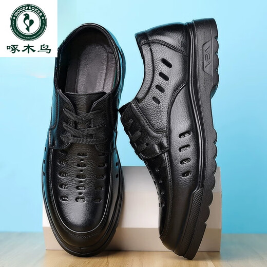 Spechts Sandalen für Herren Sommer Neues echtes Leder atmungsaktives lässig Lederschuhe für Herren Hollow Hole Schuhe Weiche Sohle Vaters Schuhe 6627 Black Hollow 41