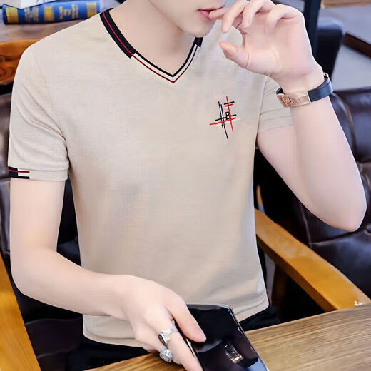 Hailan selected short-sleeved T-shirt men's summer tops for men's half-sleeved T-shirt trendy slim fit new trendy brand 826-dark gray v. collar M Recommended 80-100Jin [Jin equals 0.5 kg]