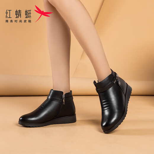 红蜻蜓女鞋冬款真皮妈妈棉鞋女士羊毛加绒中老年短靴女防滑保暖棉皮鞋女 黑色WTC9276 39