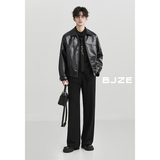 Earl Dower haut de gamme sur mesure, veste en cuir en cuir en cuir, veste pour le lit de Lycye Retro 2024 Automne Nouveau E431656 Pitch Black (brillant) xl