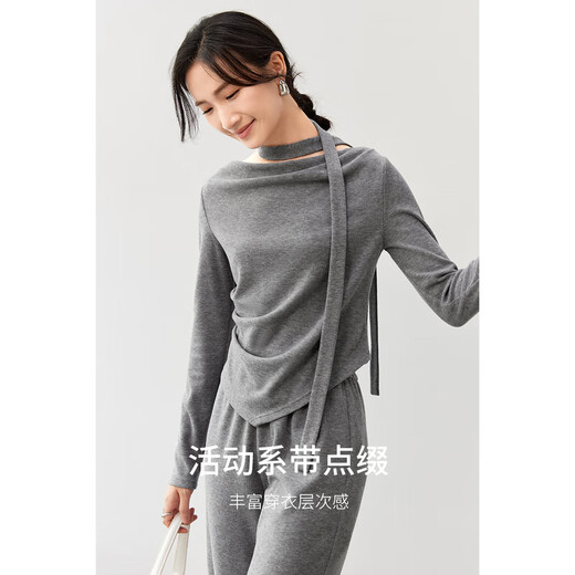 Chandubila fashionable and elegant lace-up one-line collar pleated waist top straight wide-leg pants suit dark gray M