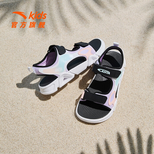 ANTA children's sandals, girls' shoes, 2026 summer new outdoor Velcro arch open toe beach shoes, light fog purple/Anta white/black-1 36, shoe inner length 23cm