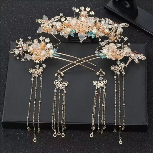 Lingchuan new Chinese style wedding headdress Xiuhe clothing headdress bride costume headdress wedding hair accessories cheongsam dress accessories 374 full set of ear hook style gift box