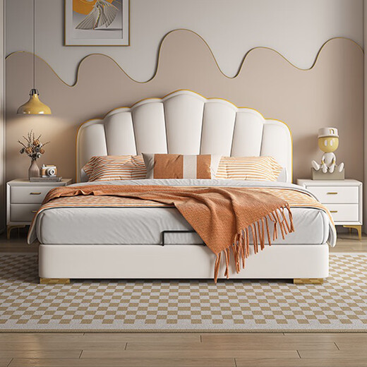 Wufan modern soft-packed shell bed cream style master bedroom double bed 1.8m soft-packed storage bed small and medium-sized apartment full-edge bed + skin-friendly independent bag spring mattress + 1 cabinet 1.8*2m frame bed 15cm silent bed board