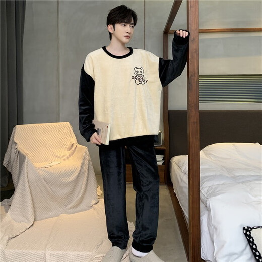 睡衣男秋冬季法兰绒加厚保暖圆领卡通学生中青少年宽松男士家居服 WYEX3887 3XL (推荐155-175斤)