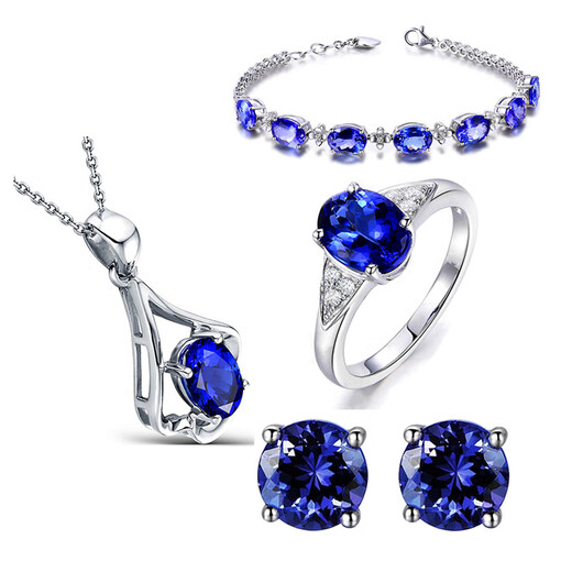 An Feng blue tanzanite earrings, European and American blue crystal necklace, diamond colored treasure bracelet, four-claw sapphire ring set, pair of earrings