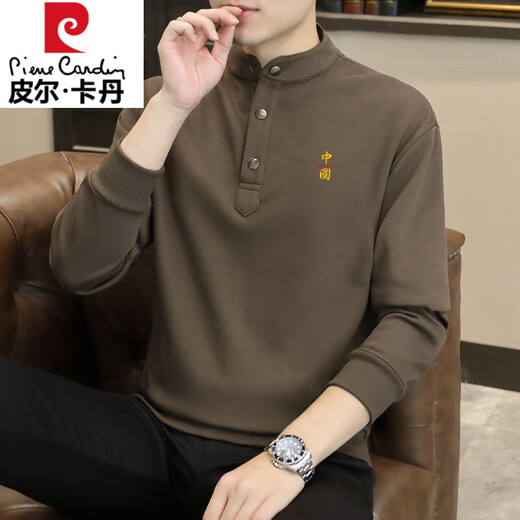 Pierre Cardin Henry Collar Sweatshirt Men's Stand Collar Spring Autumn Winter 2024 New Trendy Men's Bottoming Shirt Top Velvet Thick Long Sleeves WY2288 Chinese Coffee Velvet XL Recommended Weight 135-155Jin Jin is equal to 0.5 kg
