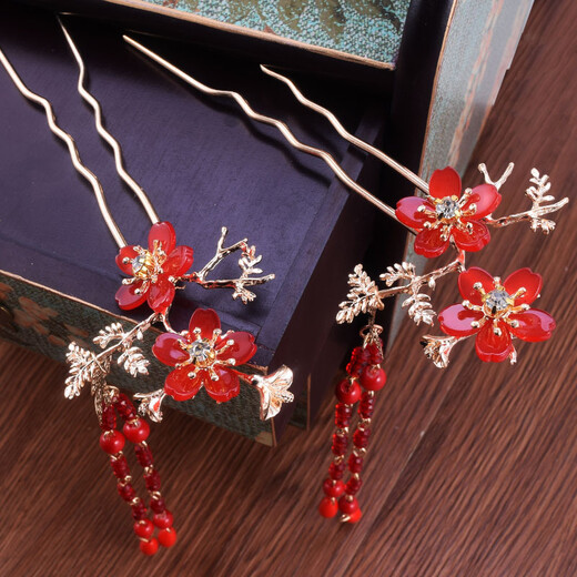 Wanbaozi ancient style hair accessories, Han costume accessories, headwear, handmade hairpins, red butterfly step shake, ancient costume hairpins and earrings set, red set as shown in the picture