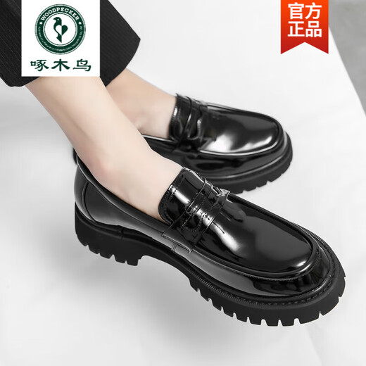 啄木鸟一脚蹬男士乐福鞋2025年新款男鞋增高厚底亮面潮流皮鞋懒人豆豆鞋 3519黑色-内增高6厘米高质版 40