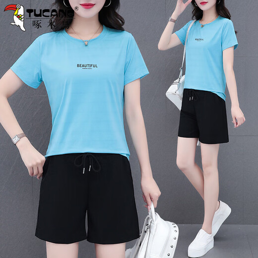Woodpecker (TUCANO) middle-aged women's summer casual sportswear suit for women 2025 ice silk thin fashion women's classic style 9711 month blue (printed style) [5-point pants suit] M (80-95Jin [Jin equals 0.5 kg])