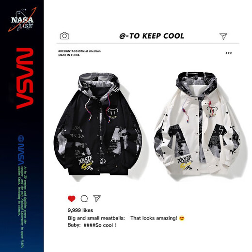 NASA LIKE官方潮牌美式假两件外套男春秋季涂鸦夹克情侣棒球服工装冲锋上衣 白色 XL