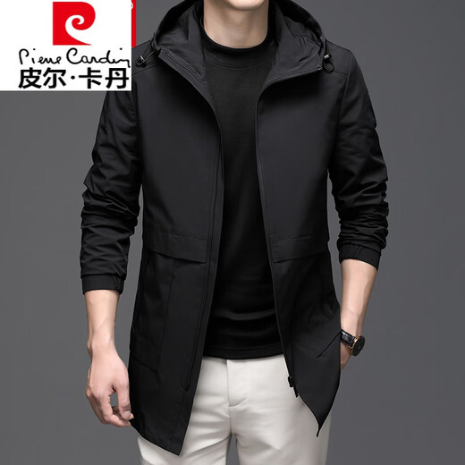 皮尔卡丹（pierre cardin）【易穿搭】中长款风衣男士连帽衫外套春秋季宽松大码运动休闲 黑色 180/XL