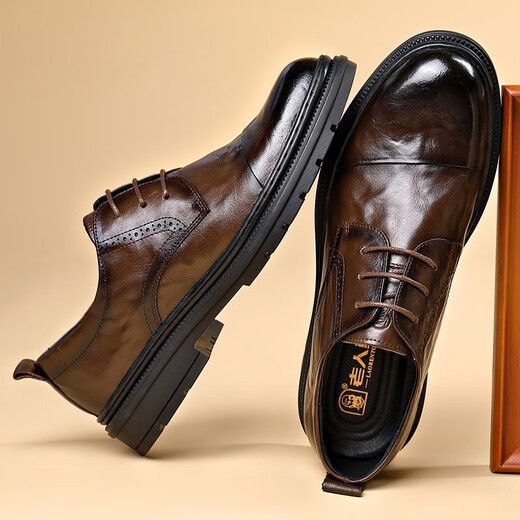 Old man's toe business leather shoes, men's big toe shoes, casual genuine leather moccasins, men's formal shoes, lace-up derby men's toe-layer cowhide shoes, dark night-black lace-up style, leather shoe size 40, please consult customer service for leather shoe size