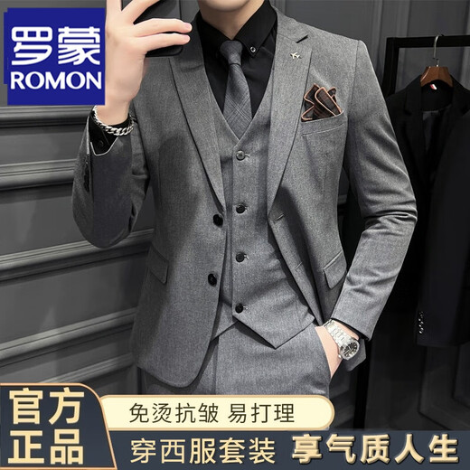 ROMON Groom's Suit Men's Business Professional Formal Wedding Dress Casual British Style Slim Suit Men's Jacket Medium Gray Two Buttons Suit Jacket XL 124-134Jin Jin equals 0.5 kg Wear