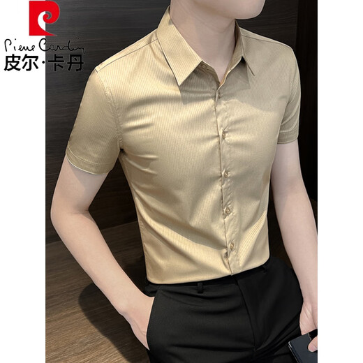 Pierre Cardin Nadelstreifenhemd kurzärmelig 2024 Neue Männer sexy hübsche Kleidung Herren Sommereis-Seide bestickter Hemd weiß 4xl [Empfohlen 185 Jin [Jin ist gleich 0,5 kg]]