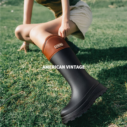 Gudetu japanische Hochrohrregenstiefel für Mädchen Regenstiefel Nicht rutschfeste wasserdichte Schuhe im Freien Wanderschuhe Gummischuhe Pendeln farbblockierende Ritterstiefel Schwarz 36