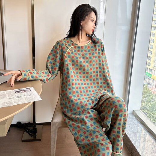 九红妃棉纱中式国风睡衣大码女胖mm夏季纯棉短袖九分裤套装家居服200斤 YZ16804 4XL （130-180斤）