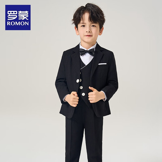 罗蒙儿童西装套装男童花童礼服钢琴表毕业儿童毕业演出服中大童小男孩 酒红色：外套+马甲+长裤+衬衫 140