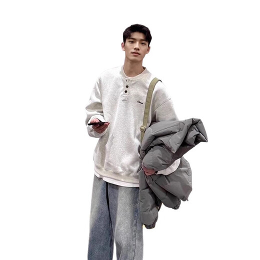 Henry collar sweatshirt men's spring and autumn hoodless American cleanfit bottoming shirt loose trendy brand long-sleeved T-shirt with spring white gray L