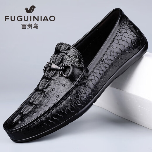 Fugui Bird Herrenschuhe Sommerzehen Schicht Cowide Business Casual Crocodil Muster Mütze weiche Sohle atmungsaktiven leichten Fahren lässige Schuhe Herren schwarzes Muster Yulin Fg9920 38