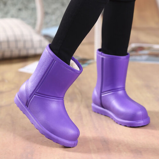 Xiaohuilijia winter new product plus cotton warm rain boots mid-tube waterproof shoes men and women's non-slip rain boots work shoes plus velvet waterproof boots purple 38