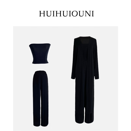 Huihui Ouni Spring Brew Designer Autumn Temperament Tube Top Long Three-piece Set Black Tube Top and Pants One Size