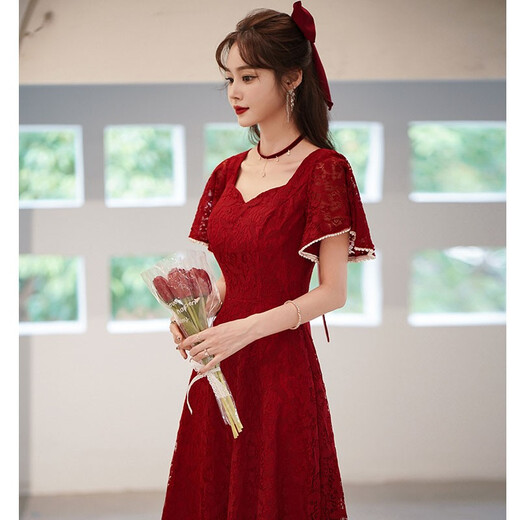 兰卡·罗妮兰卡罗妮敬酒服新娘平时可穿结婚订婚连衣裙回门小晚礼服蕾丝 酒红色中长款 XL