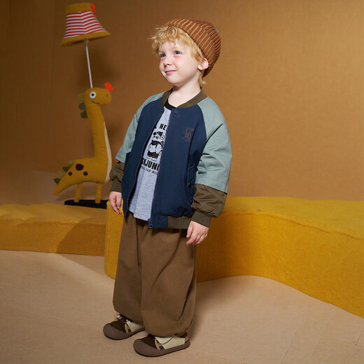 ASK JUNIOR Children's Windproof Jacket Boys Baseball Uniform 2024 Autumn Thin Velvet Stitching Retro Baby Jacket Navy 120