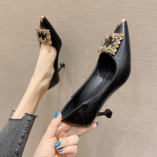 
Belle-Tao series brand broken-size high heel shoes for women new soft leather without grinding thin heel buckle pointed cat heel shoes working apricot color 4.5cm 38