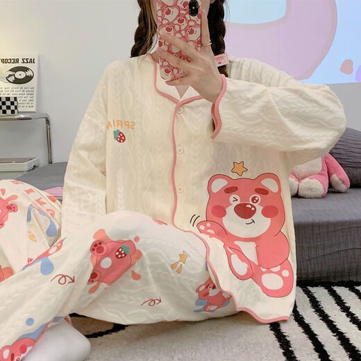 Xuanmulin style pajamas for women in spring and autumn cardigan long sleeves sweet cartoon loose plus size princess style thin home clothes 9207 Dingdang Cat M Recommended 80-100Jin [Jin equals 0.5 kg]