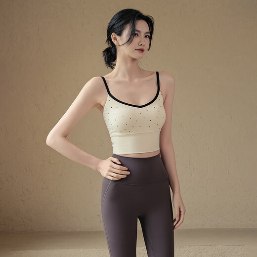 Aisunstyle sports bra women's shock-proof auxiliary breasts fixed cup yoga clothing vest suspender Pilates training fitness bra summer S Hepburn breast apricot