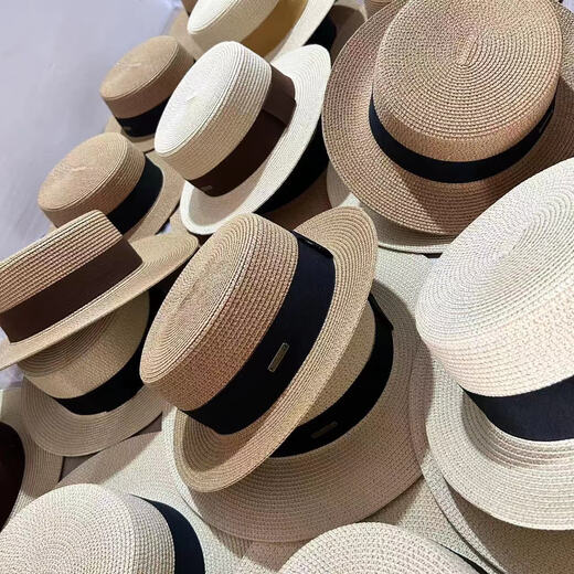 ALBINELE新款草帽女春夏日系平顶礼帽可调节法式英伦遮阳防晒出游百搭海边 卡其-黑色带 M(55-60CM)可调节