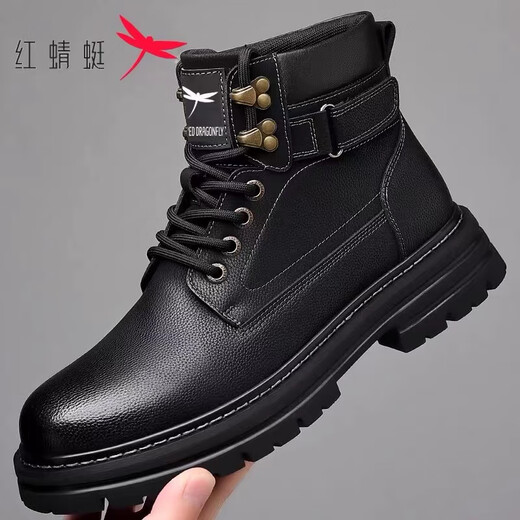 红蜻蜓马丁靴男高帮真皮工装靴男鞋冬季加绒保暖羊毛雪地靴棉鞋男 黑色【加绒款】 41