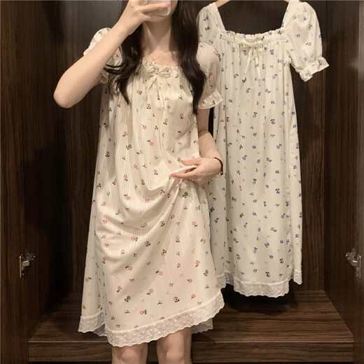 Pei Ruan Xia pajamas dress for women girls college student floral princess style short-sleeved home clothes nightgown summer QSM_J829 short-sleeved skirt square collar tie-peach heart powder M 160