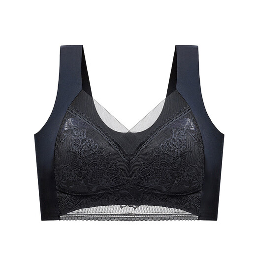 Women's Lace Wrapped Breast and Beautiful Back Bra, Push-up Wireless Fixed Cup Top-up Seamless Vest Style Sleeping Bra, Dark Blue 3L 120-140Jin Jin equals 0.5kg