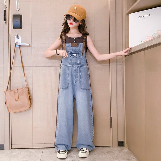 Maidouxiong (Maidouxiong) Girls Sommer-Denim-Riemen-Hose mit mittlerem und großem Kindertag Geschenk Korean Lose Casual Hosen Blau (Single Overalls) 150