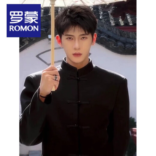 Luo Meng New Chinese Men's Suit Men's High-end Spring and Autumn Stand-up Collar Shoulder Pad Jacket Mao Suit Tang Suit Casual Wear Suit Black Mao Suit S