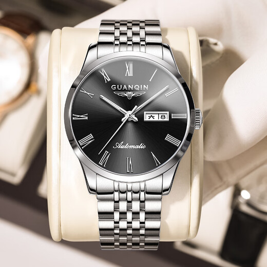 GUANQIN men's watch Swiss quality wear-resistant waterproof luminous fully automatic mechanical watch dual calendar watch men's mechanical watch fully automatic mechanical model-silver shell black surface