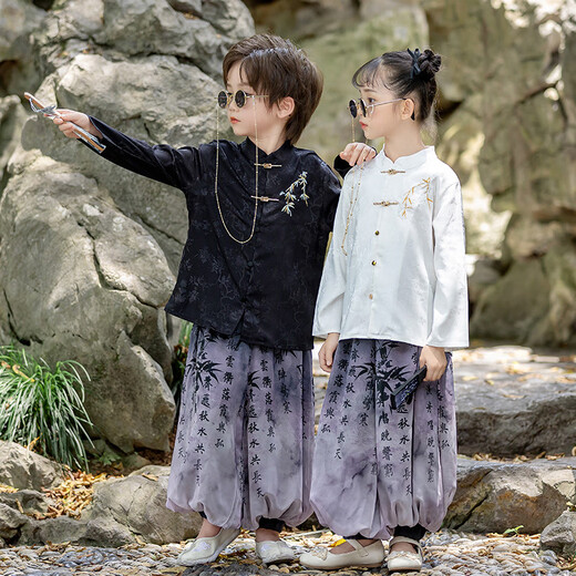 Qiyuemang Nuevo chino Hanfu Boy Chino Estilo chino Disfraz de primavera y verano Boy Republic Style Young Master Clother Mid-Outumn Kindergarten Performance Disfraz Boy Panda Baby Set 9272 Modelos 90