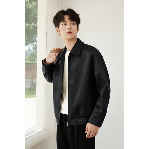 NUKM lapel pu leather jacket men's 2026 spring and autumn new motorcycle wear leather jacket casual men's tops trend black L