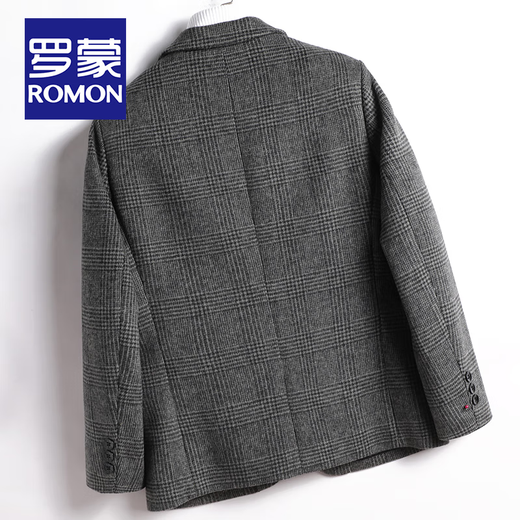 罗蒙含羊毛西服男士春秋双面呢千鸟格子外套男商务休闲单西毛呢西装男 深灰色 170/M码