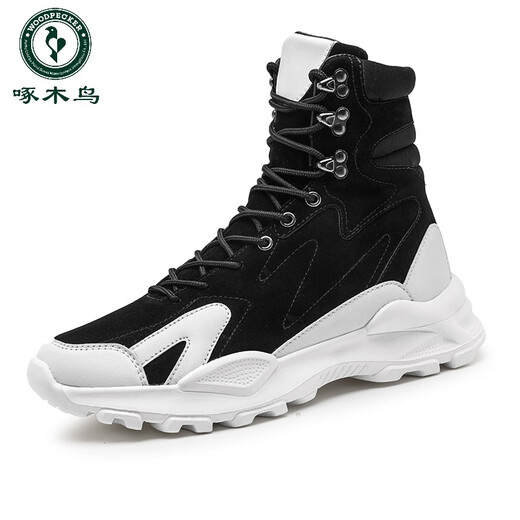 Woodpecker Martin boots men's spring and autumn winter men's shoes high top men's work boots long tube plus velvet cotton shoes Internet celebrity motorcycle leather boots white and black-added velvet style 43