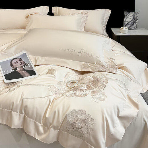 Mercury Series Light Luxury 200 Count Class A Long Staple Cotton Four-piece Set Pure Cotton Skin Friendly Sheets and Quilt Covers European Style Naked Sleeping Cotton Bedding Millennium-Millennium Pink 1.8m Fitted Sheet Suitable for Quilt Core 200x230