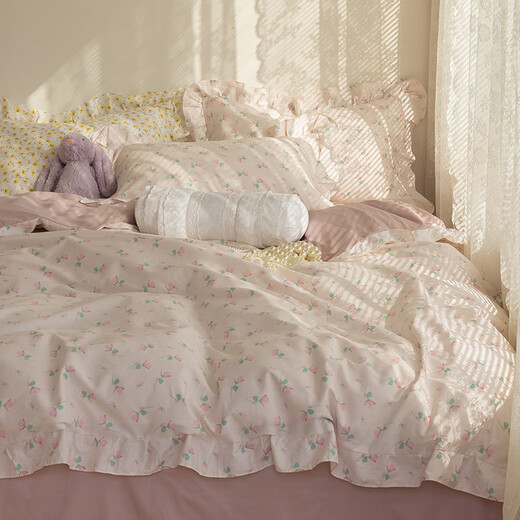 Ruiqin Korean cream small floral pure cotton princess style lace cotton student bed 1.8m bedding small pink flower ruffle bed sheet set x 1.5m four-piece set (20 quilt covers